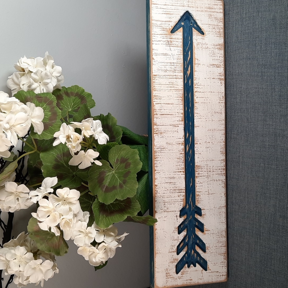 Arrow Wall Hanging Wood Carved Directional Blue White Rustic Urban Beach Decor